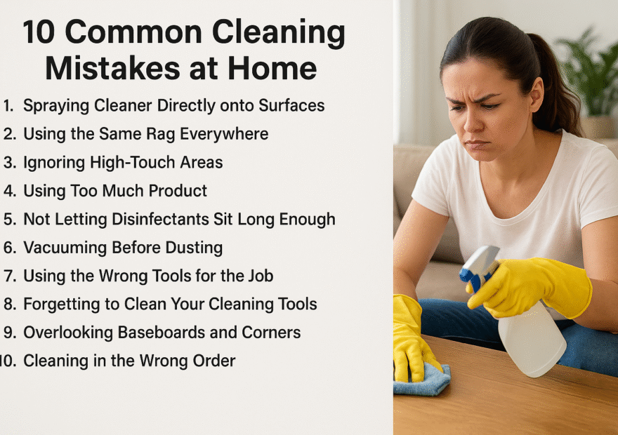 Person making common cleaning mistakes at home such as spraying cleaner directly on surfaces and using same rag everywhere — Calco Cleaning Bay Area.