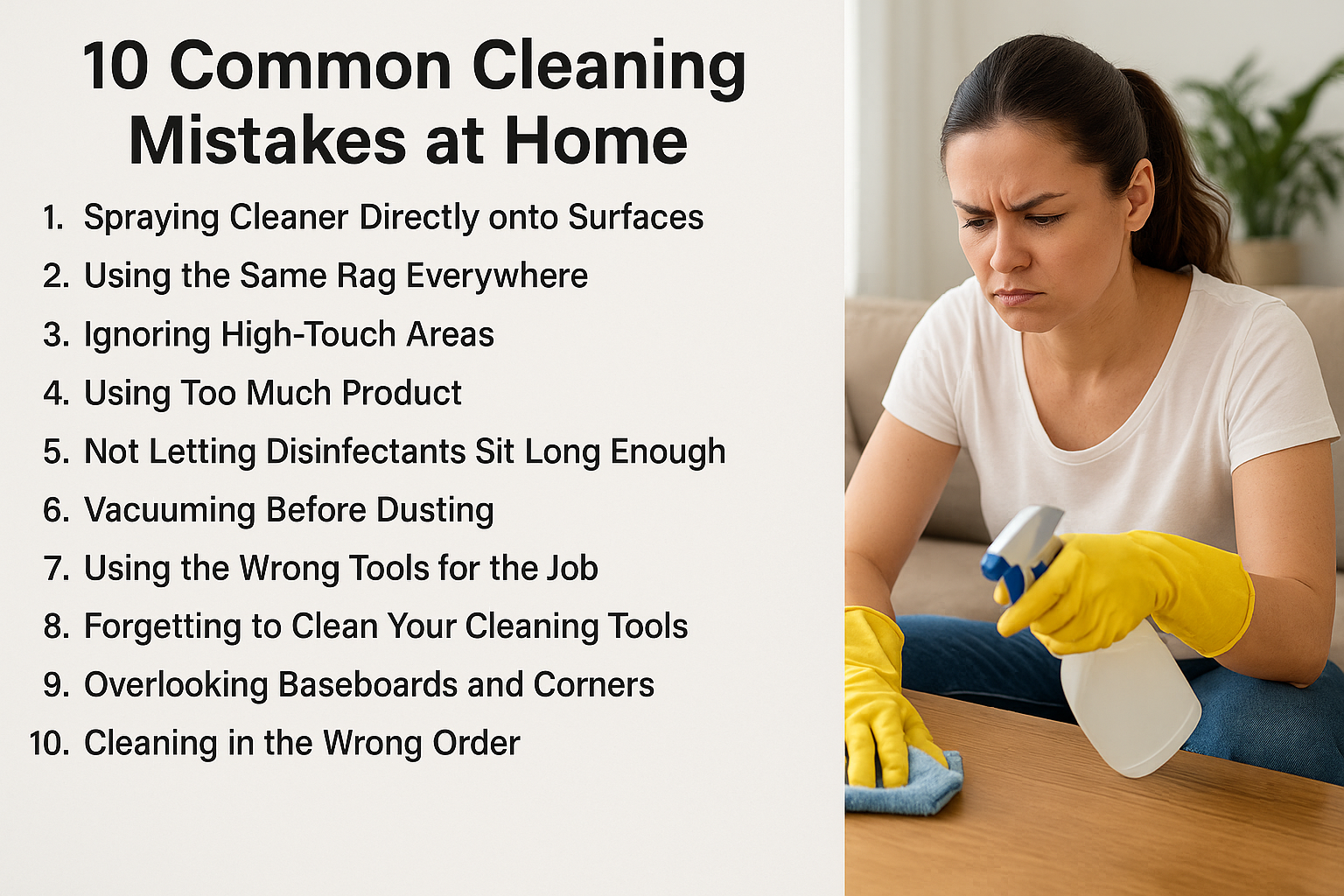 Person making common cleaning mistakes at home such as spraying cleaner directly on surfaces and using same rag everywhere — Calco Cleaning Bay Area.